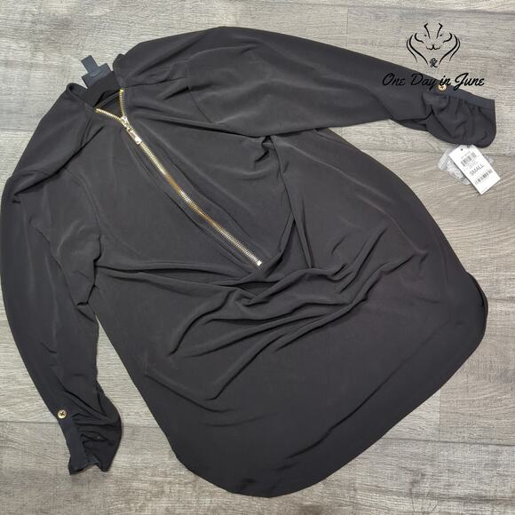 JM Collection Zip Neck Ruched Sleeve Top Size S - Picture 1 of 5